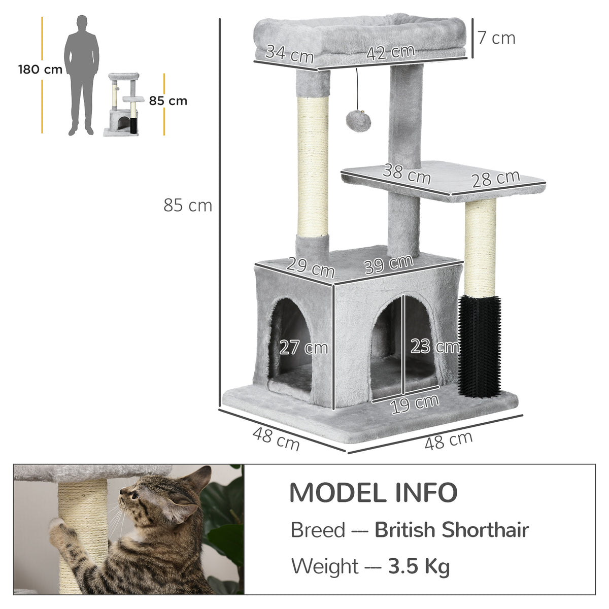 PawHut cat tree dimensions: 85 cm tall, 48 cm wide, with two cubbies and raised platforms