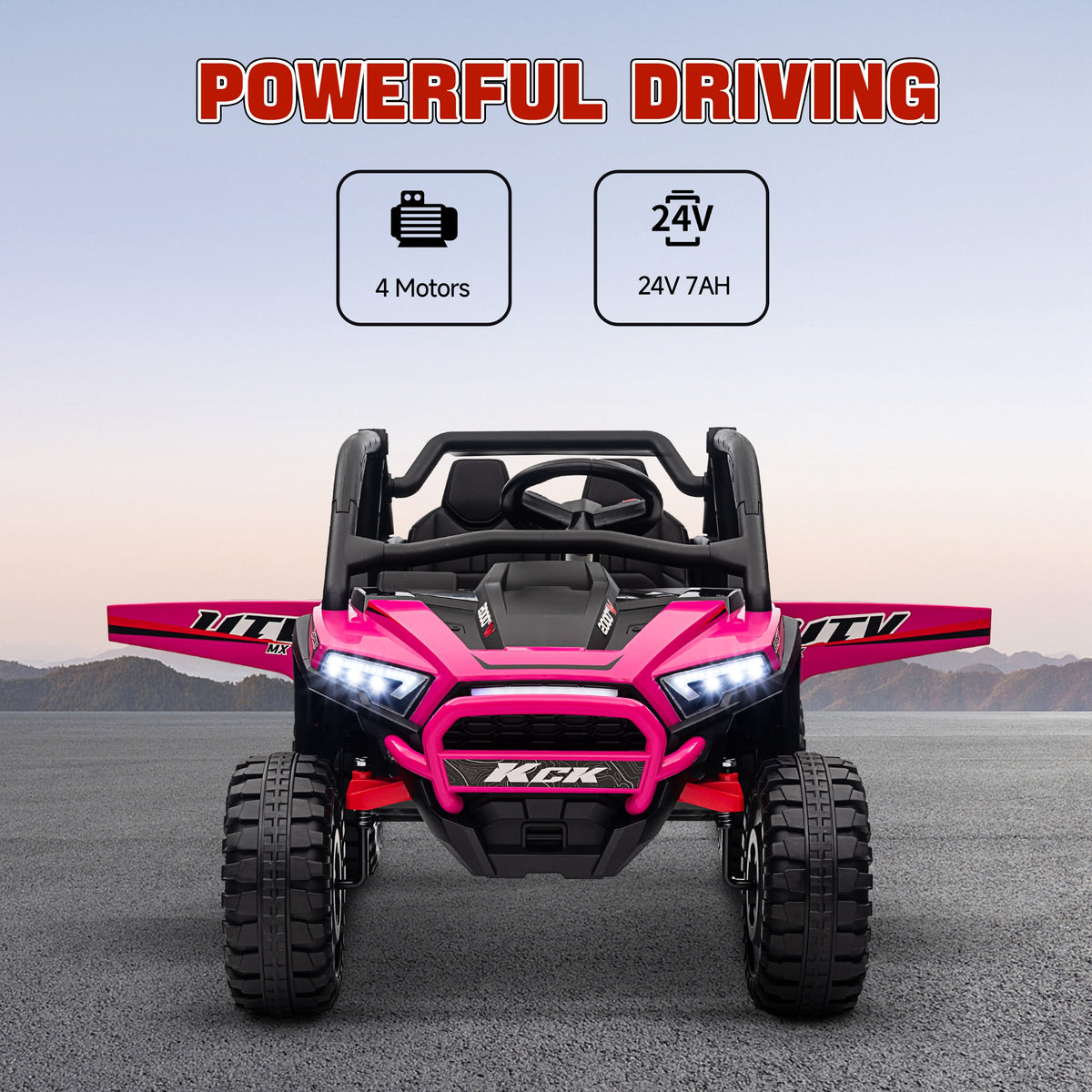 Front view of pink electric ride-on truck with four motors and a 24V 7Ah battery