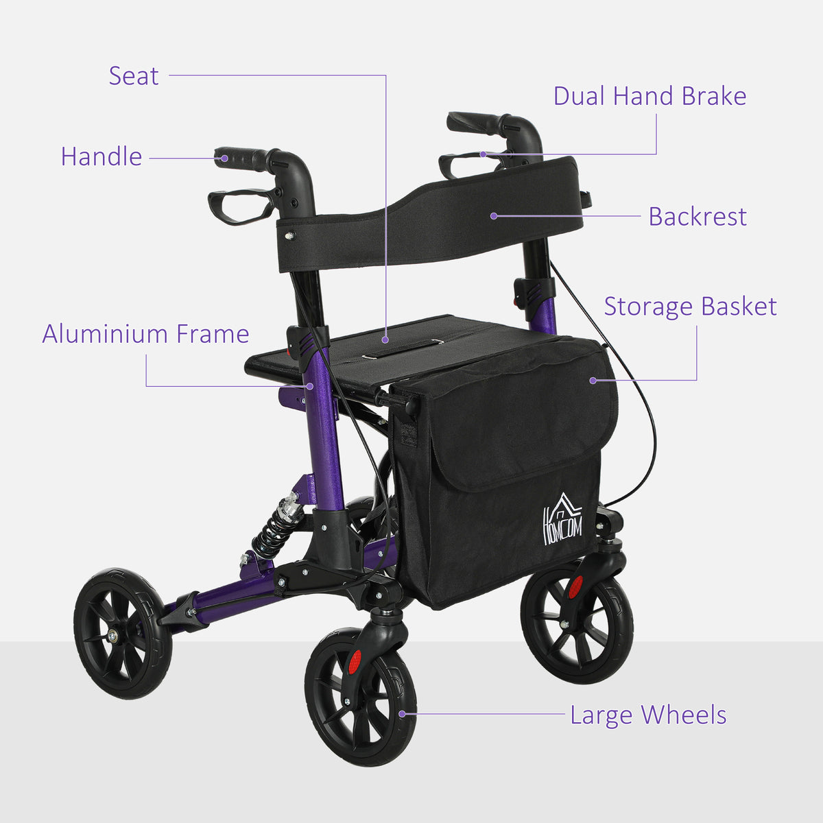 Purple rollator walker with aluminum frame, seat, backrest, storage basket and dual hand brakes