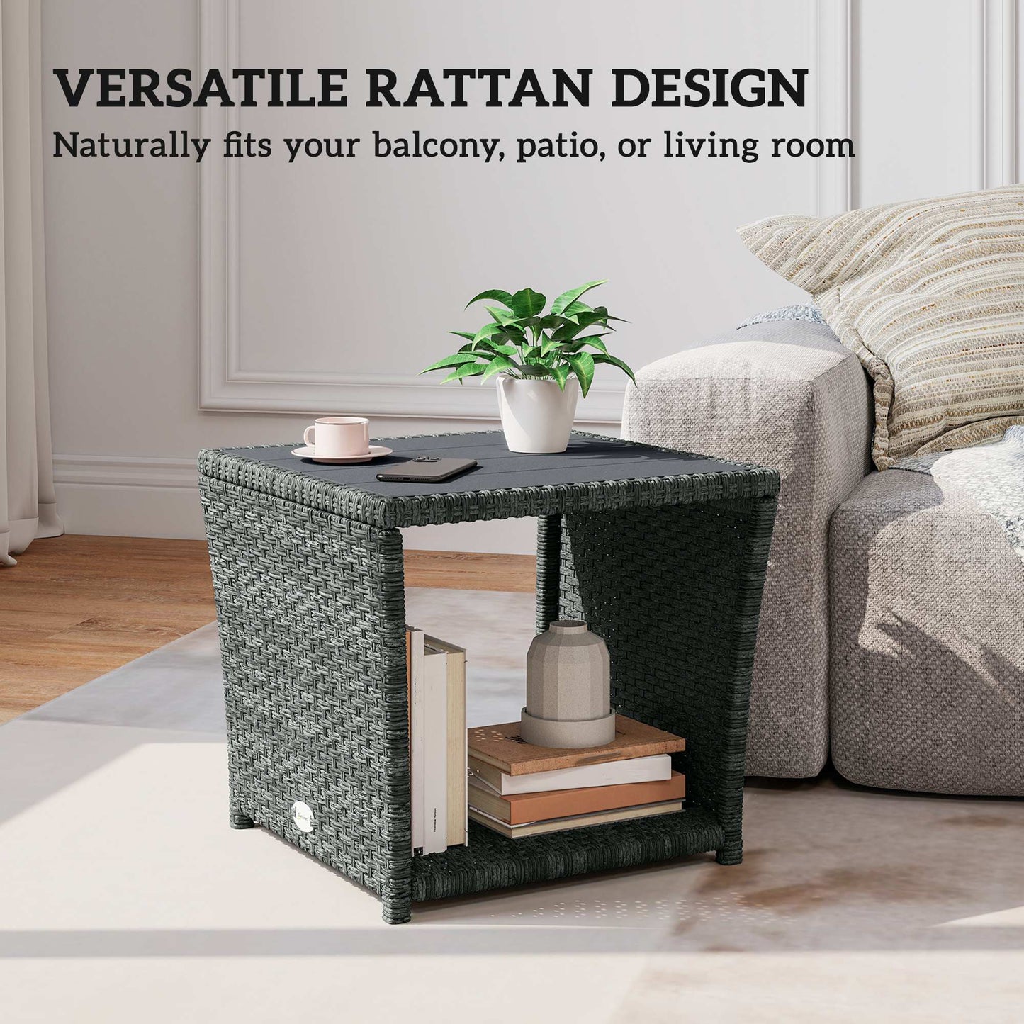 Outsunny Side Table 2-Tier Outdoor Coffee Table with Storage Shelf PS Wood Slat Top/Grey