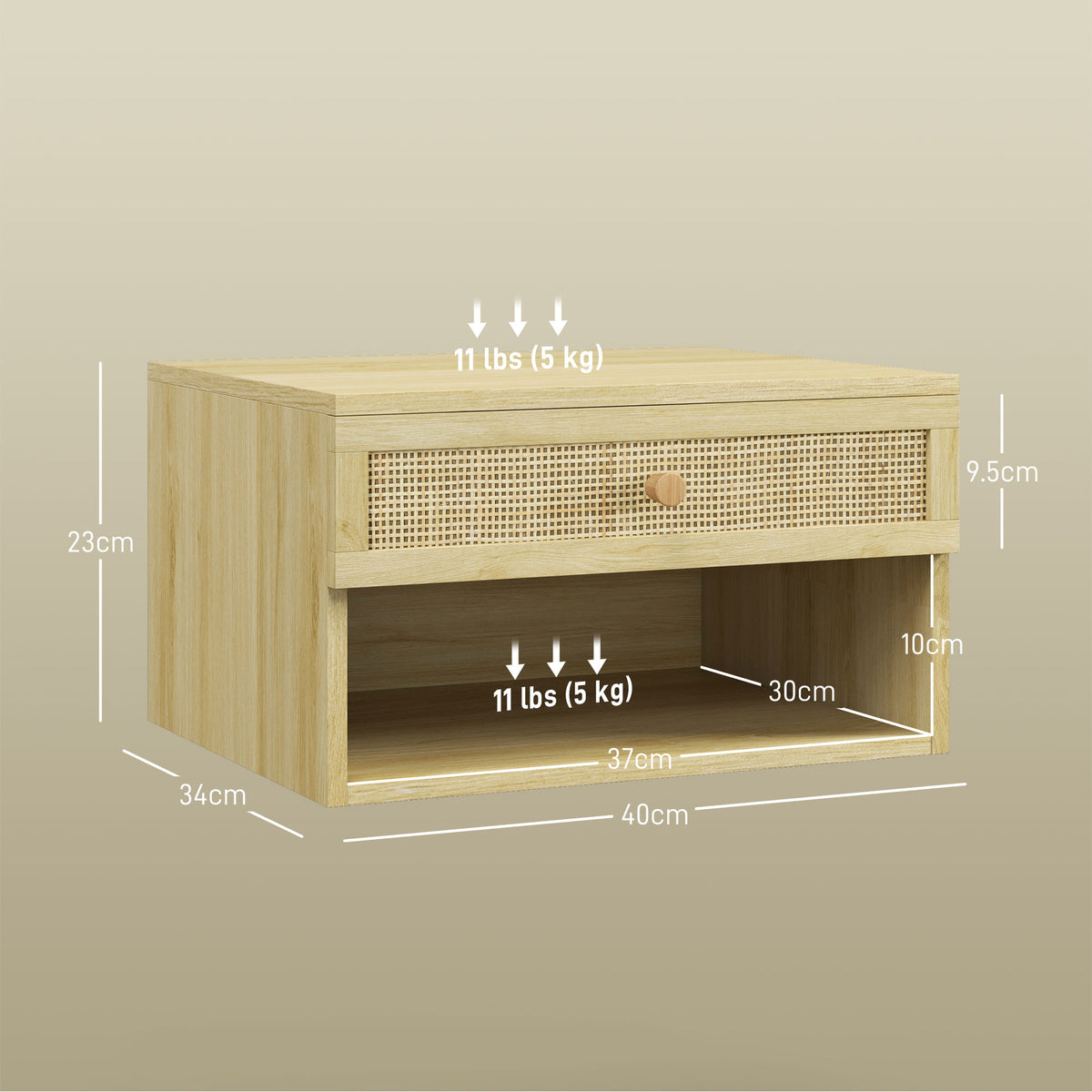 Wood-effect floating bedside table with rattan drawer, open shelf, and dimension markings