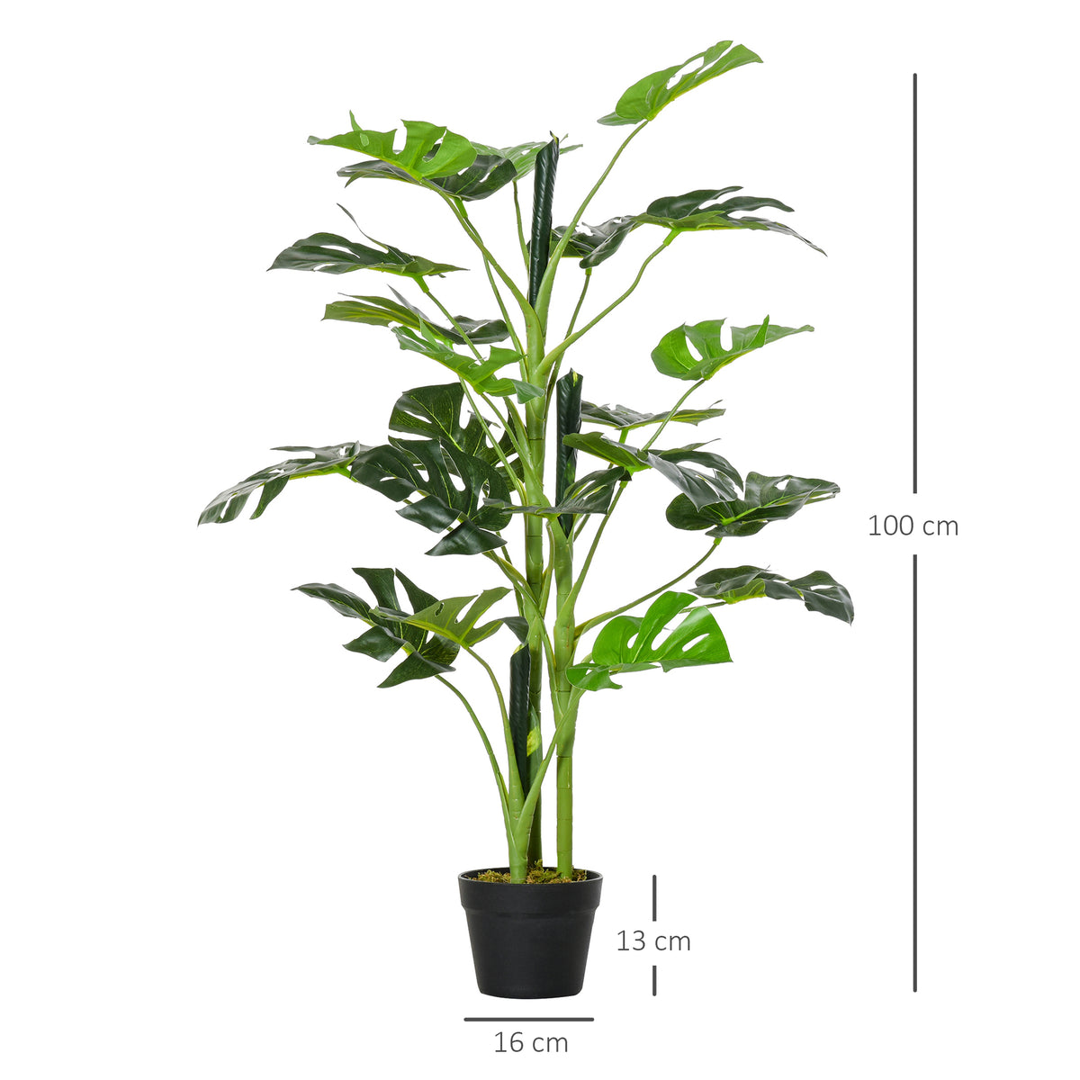 Artificial Monstera tree with black pot, shown at 100 cm tall