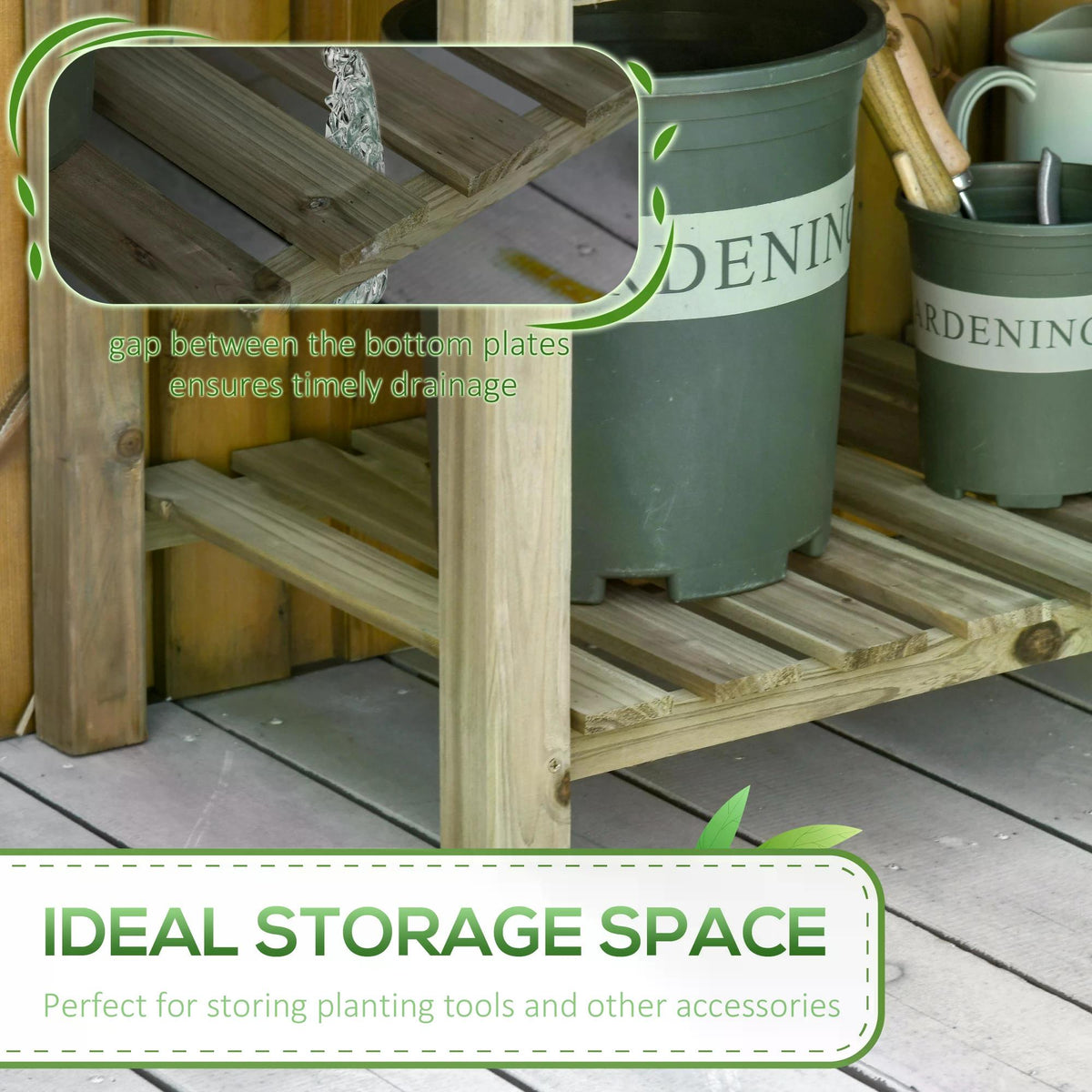 Wooden planter's slatted lower shelf provides storage and drainage