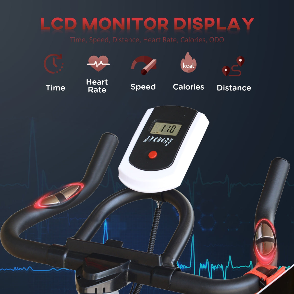 Exercise bike handlebars with LCD monitor and integrated heart rate sensors