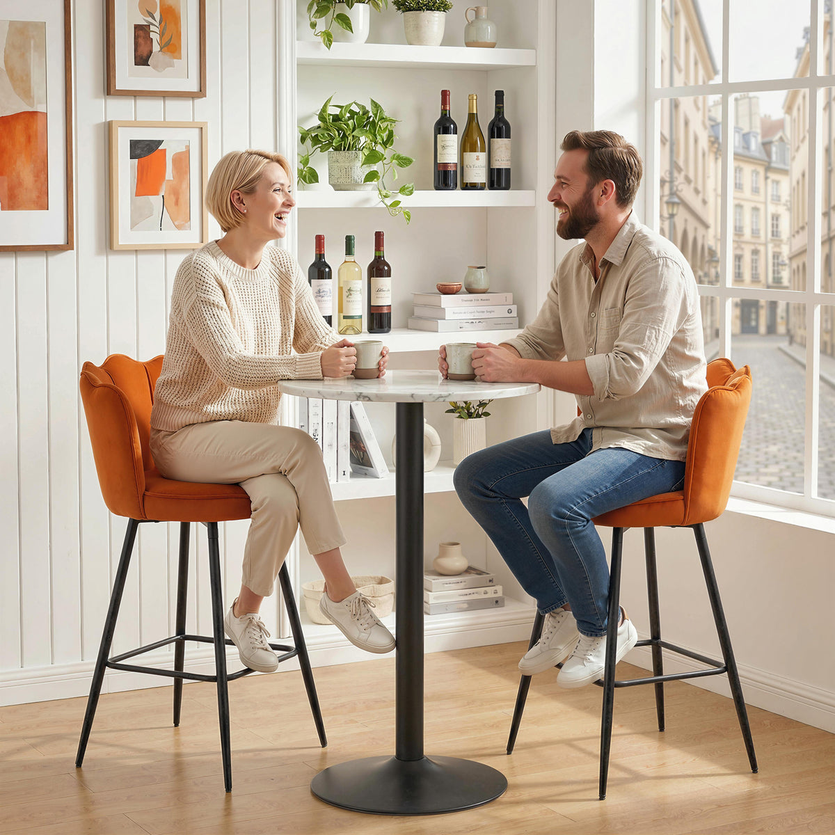 HOMCOM Set of Two Velvet-Feel Lotus Bar Stools - Orange