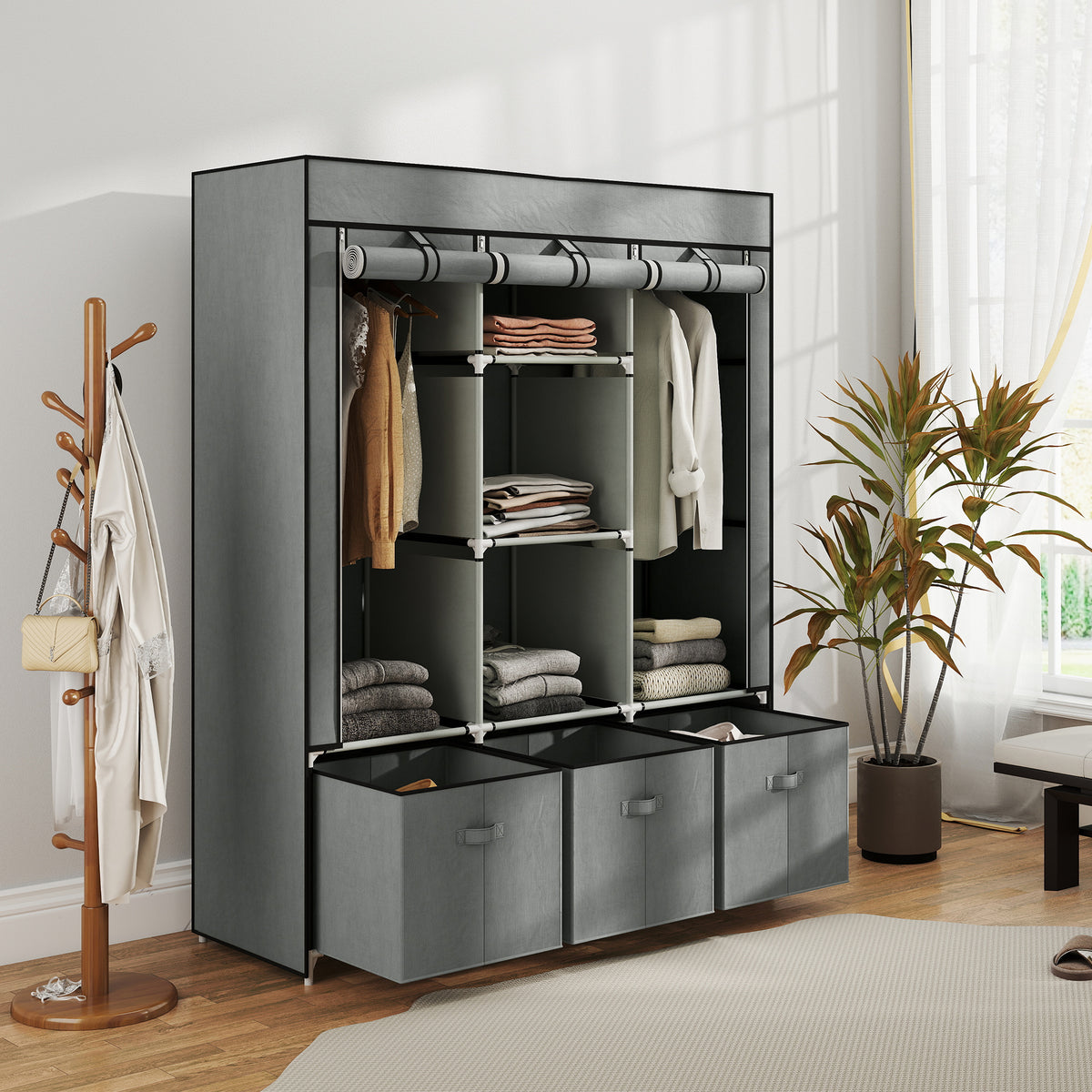 HOMCOM Foldable Fabric Wardrobe for Bedroom, Portable Wardrobe with 5 Shelves, 2 Hanging Rails and 3 Fabric Drawers, Light Grey