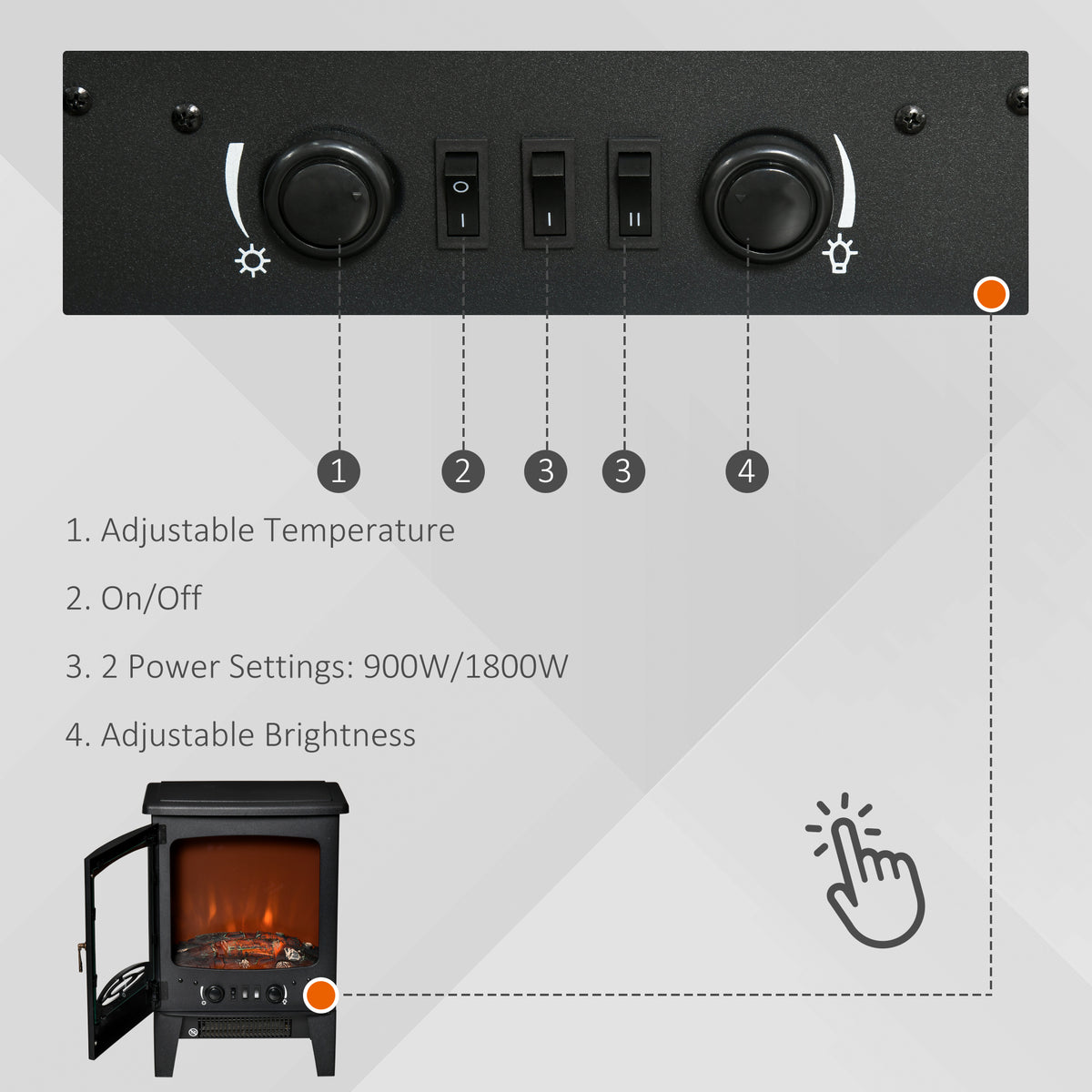 Electric fireplace stove control panel with temperature and brightness dials and two heat settings