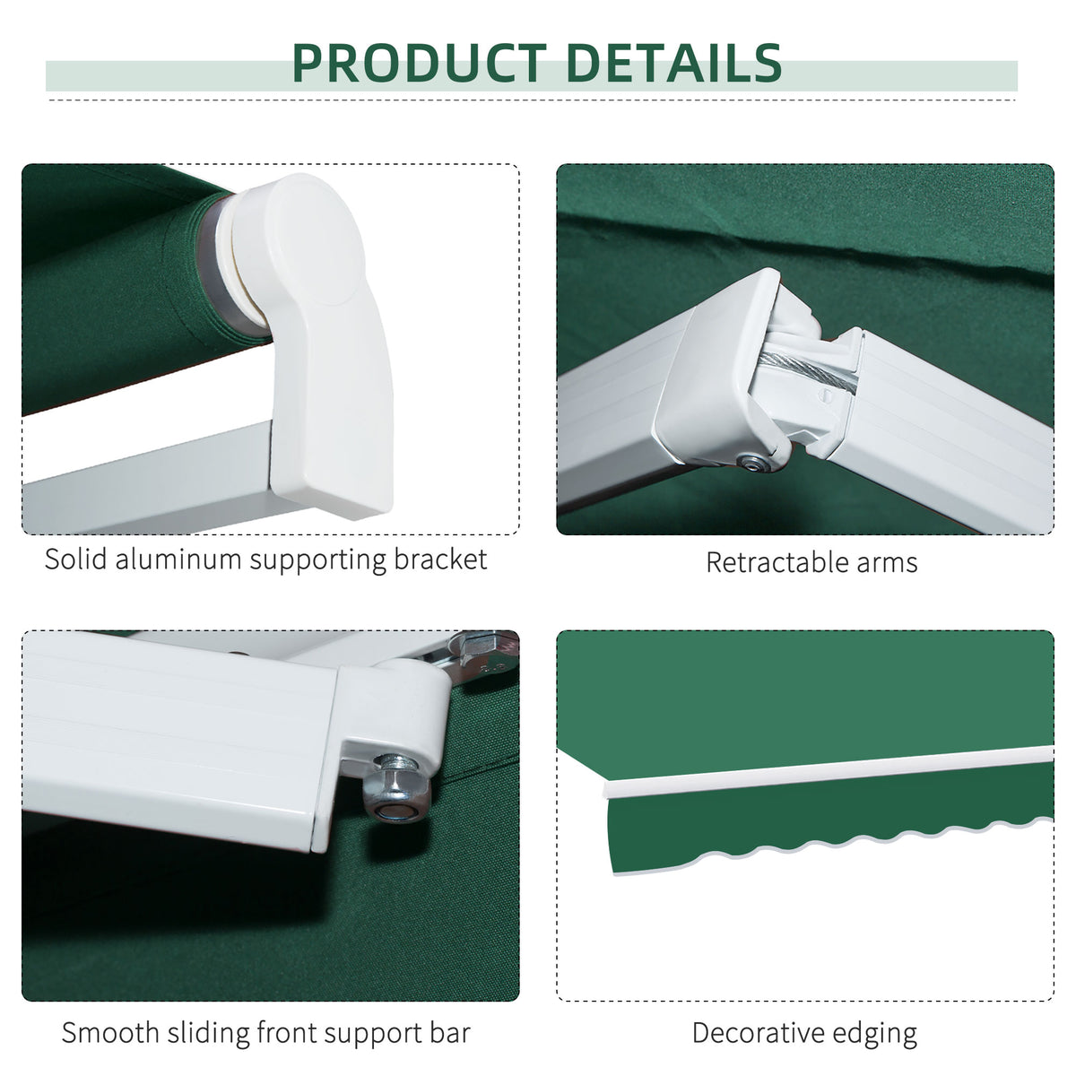 Retractable awning details, including aluminum bracket, arms, support bar, and scalloped trim