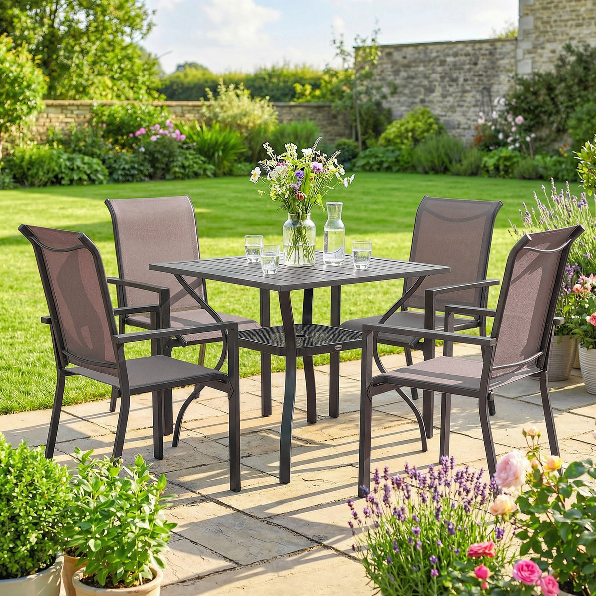 Outsunny 5 Pieces Outdoor Dining Set for 4, Garden Table and Stackable Chairs with Breathable Mesh Seat, Grey and Khaki