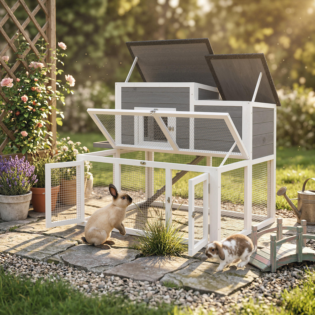 PawHut Wooden Rabbit Hutch, Indoor Outdoor Bunny Cage with Waterproof & Openable Roof, Pull Out Tray and Ramp, Guinea Pig Hutch