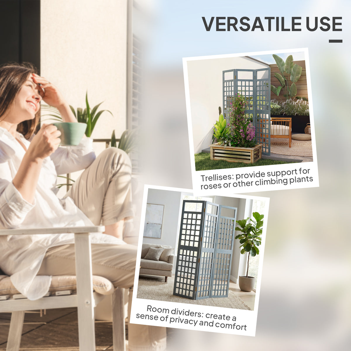 Outsunny 3-Panel Garden Privacy Screen, Freestanding Foldable Wooden Outdoor Divider/Trellis, Decorative Privacy Screen, Grey