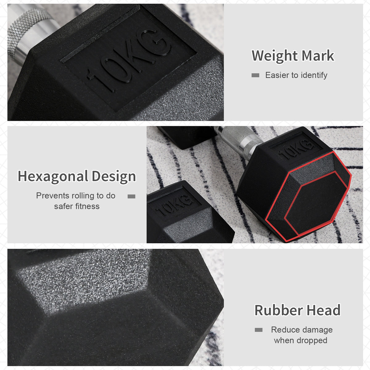 Hex dumbbell details: 10 kg marking, anti-roll shape, and textured rubber head.
