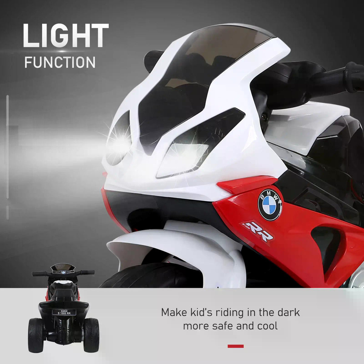HOMCOM BMW ride-on electric motorcycle with red, black and white body and illuminated headlights