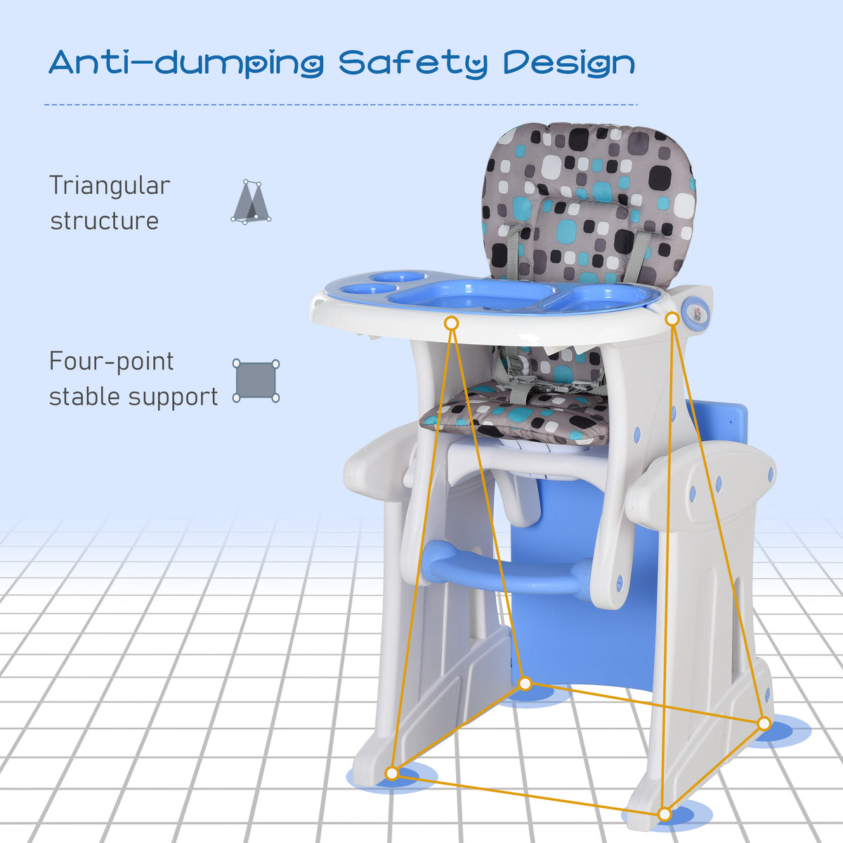 HOMCOM baby high chair with blue tray, padded patterned seat, and stable four-point base