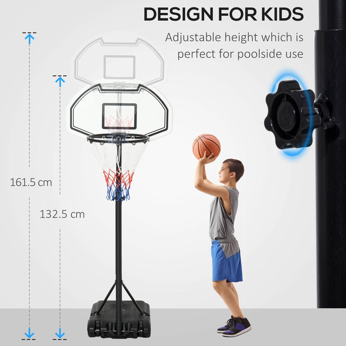 Height-adjustable kids' basketball hoop and stand, shown at two heights