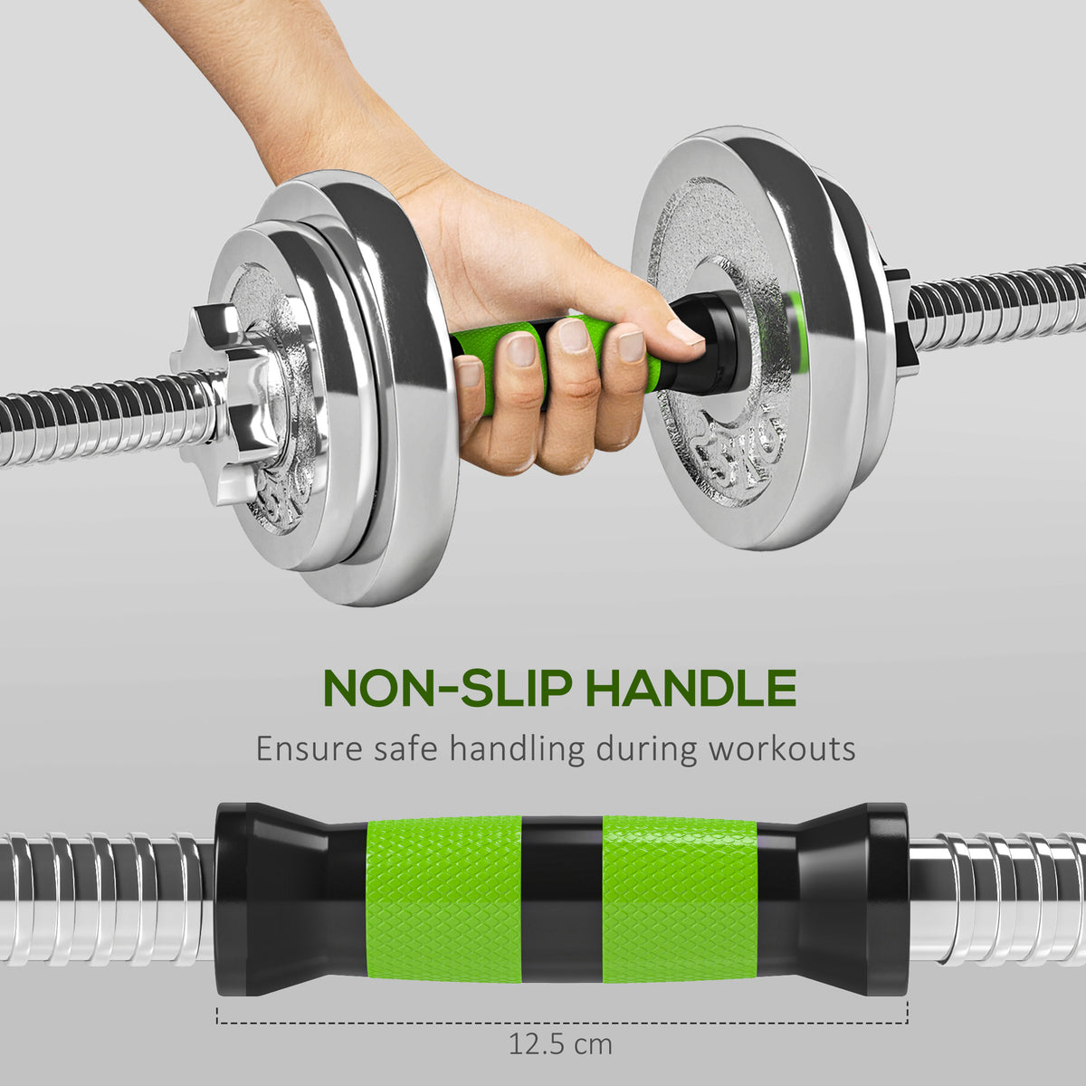 SPORTNOW dumbbell with a green-and-black non-slip handle and silver weight plates