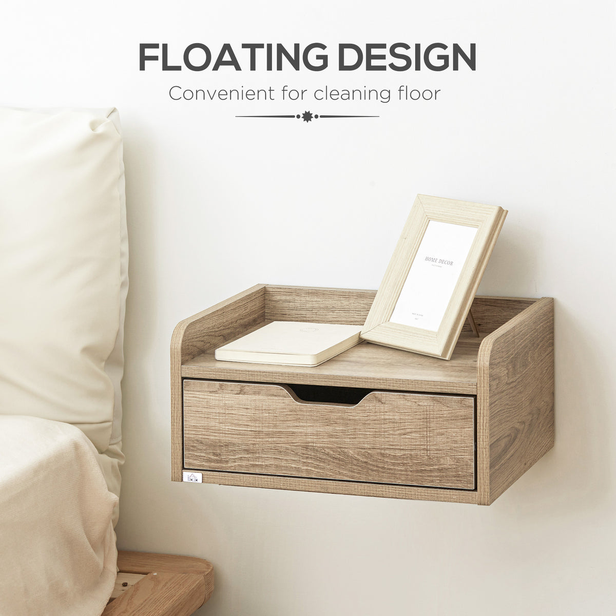 HOMCOM Floating Nightstands Set of 2, Wall Mounted Bedside Table with Drawer for Bedroom, Natural
