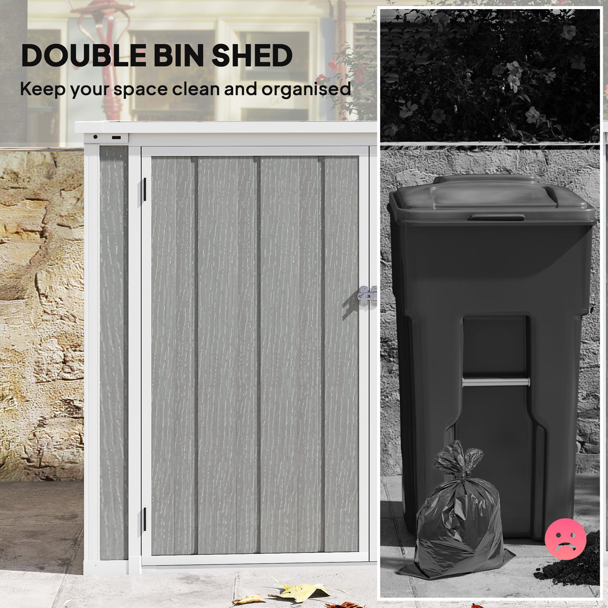 Outsunny gray double-bin shed with closed front doors and a lockable latch
