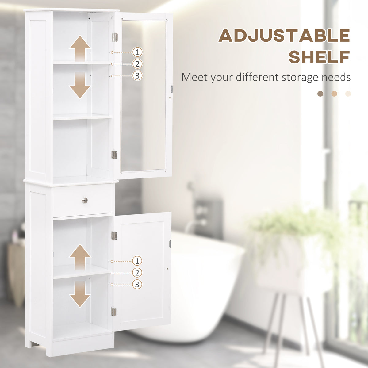White bathroom storage cabinet with adjustable shelves behind two doors