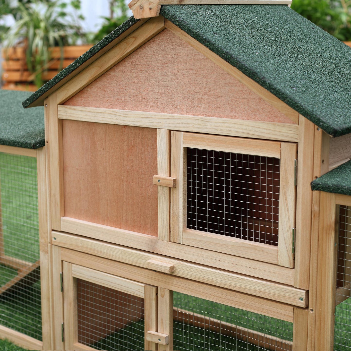 PawHut Wooden Rabbit Hutch 2-Storey with Run Outdoor Bunny Guinea Pig, Natural Wood