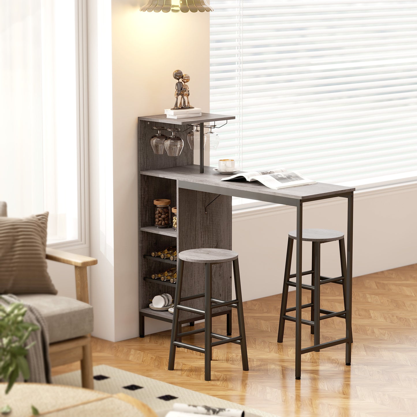 HOMCOM 3 Pieces Dining Room Set, 2 Round Stools with Footrest, 6-Tier Dining Table with Storage Shelves, Natural