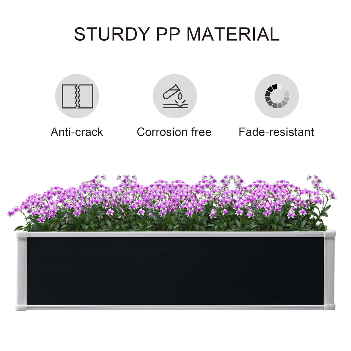 Outsunny black raised garden bed with white trim, shown planted with purple flowers