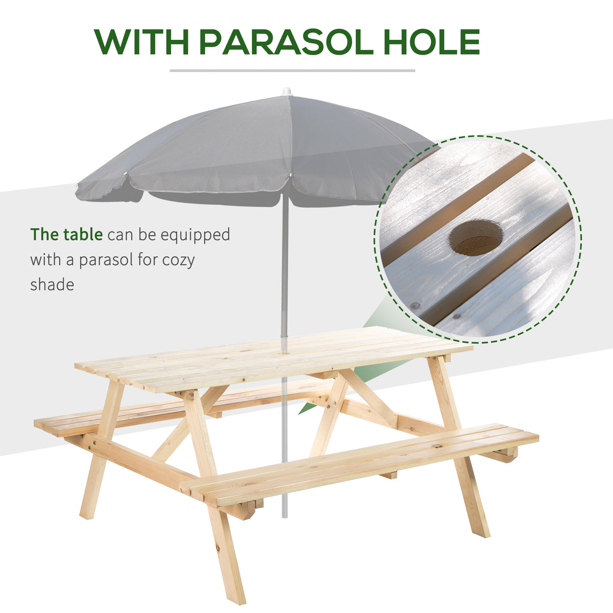 Wooden picnic table with attached benches and a central parasol hole