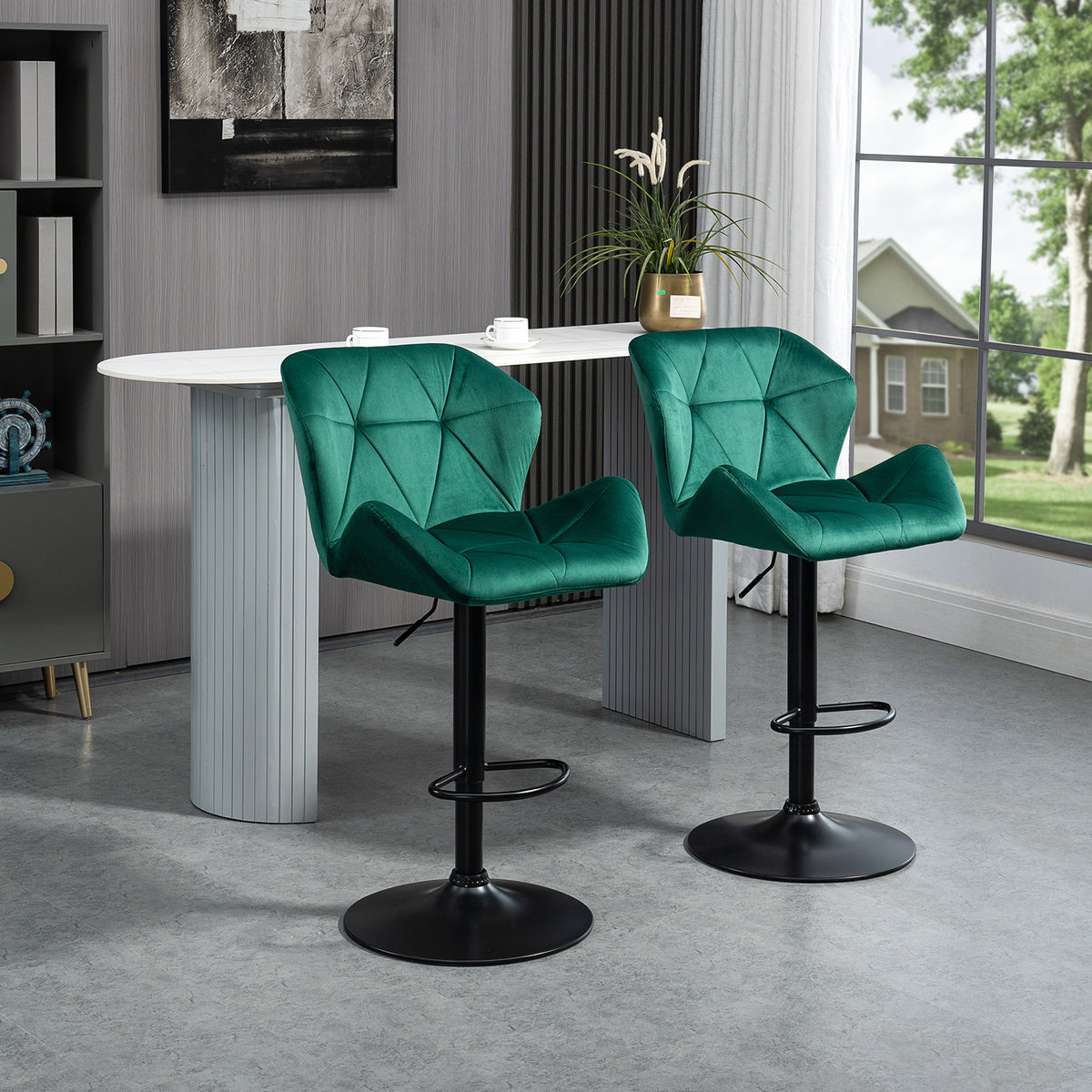 HOMCOM Bar Stools Set Of 2, Velvet-Touch Barstools with Metal Frame Footrest and Adjustable Height, Green