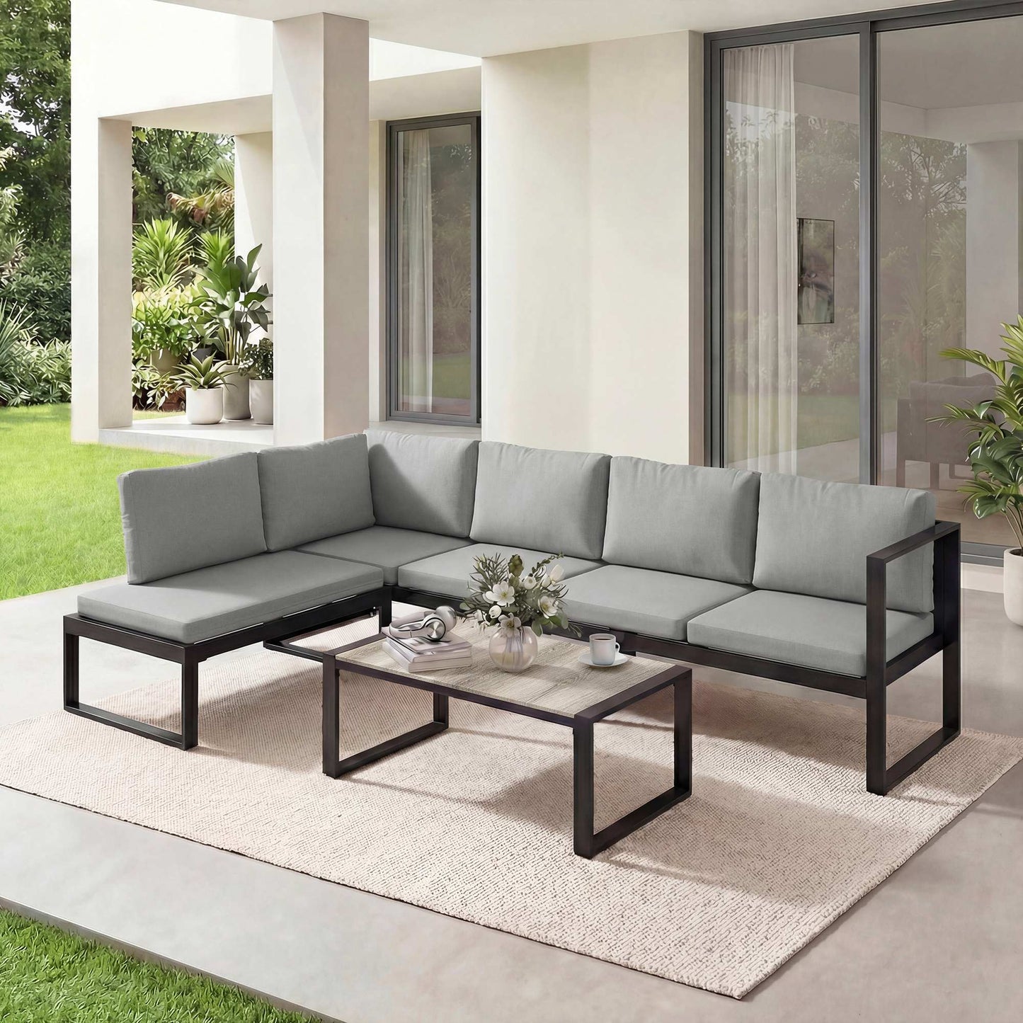 Outsunny 4 Piece Garden Furniture Set, Garden Sofa Set with 2 Loveseats, Armless Chair, Coffee Table for Balcony, Dark Grey