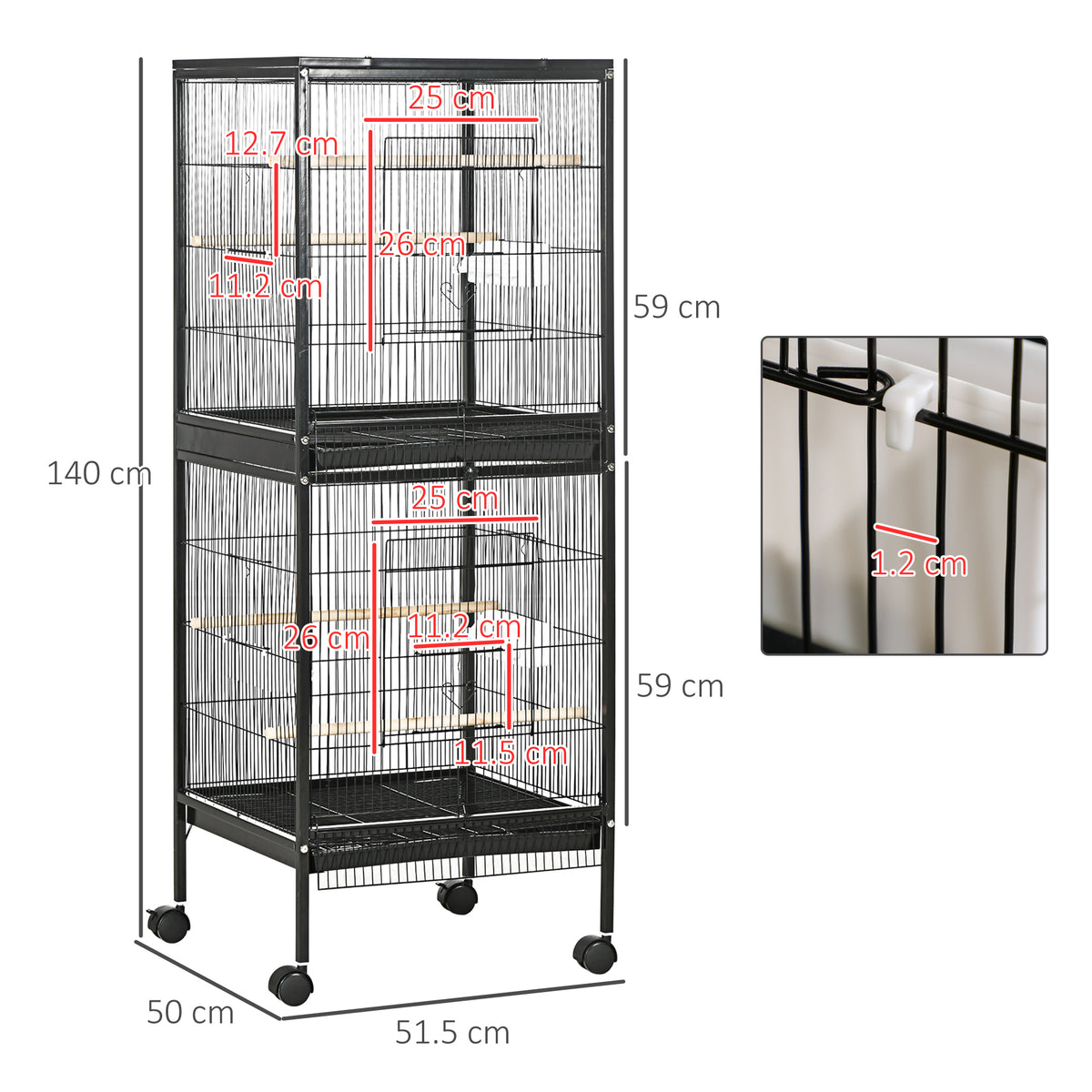 Black two-section bird cage with dimensions, door measurements, and 1.2 cm bar spacing.