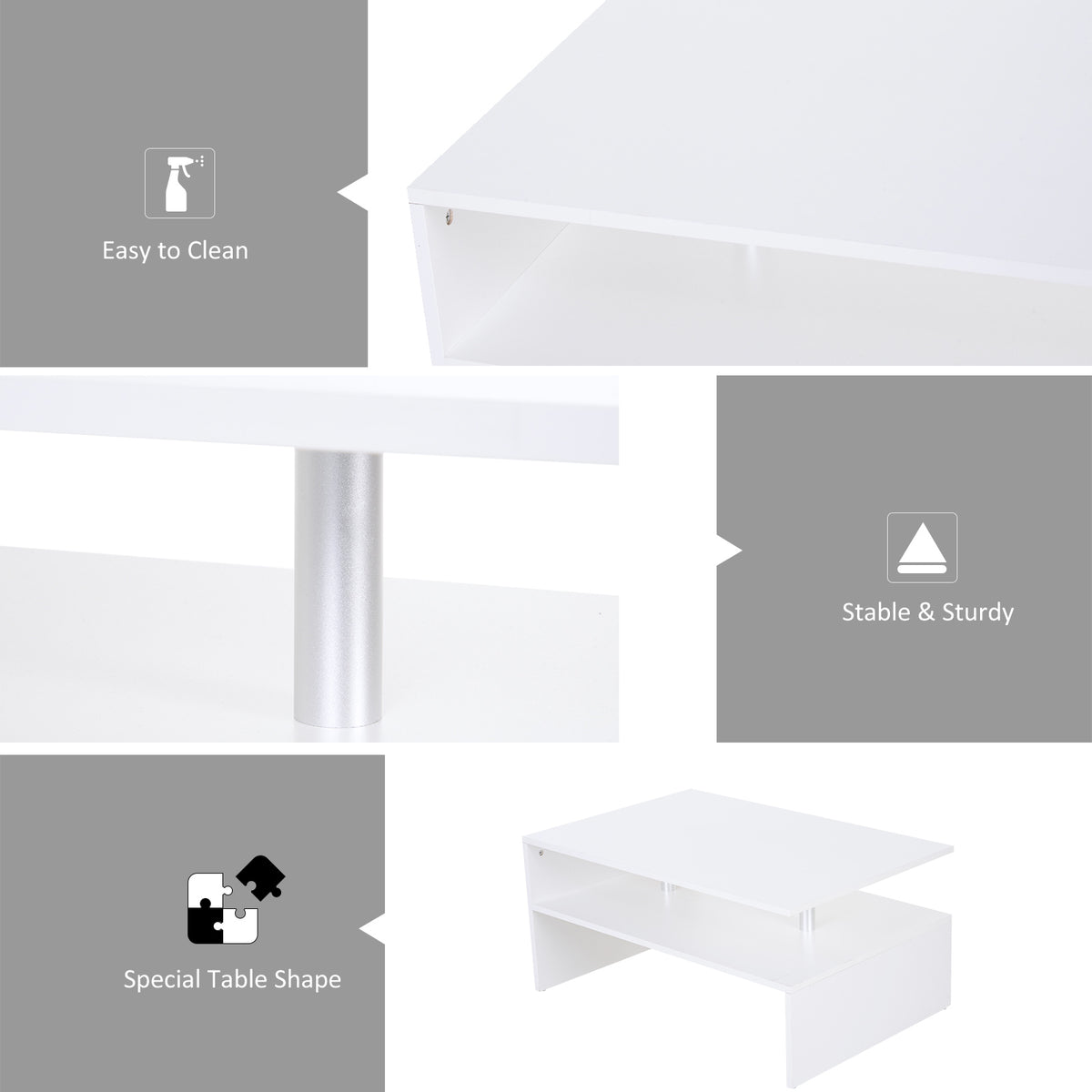 White coffee table detail showing smooth surfaces, silver supports, and open shelf