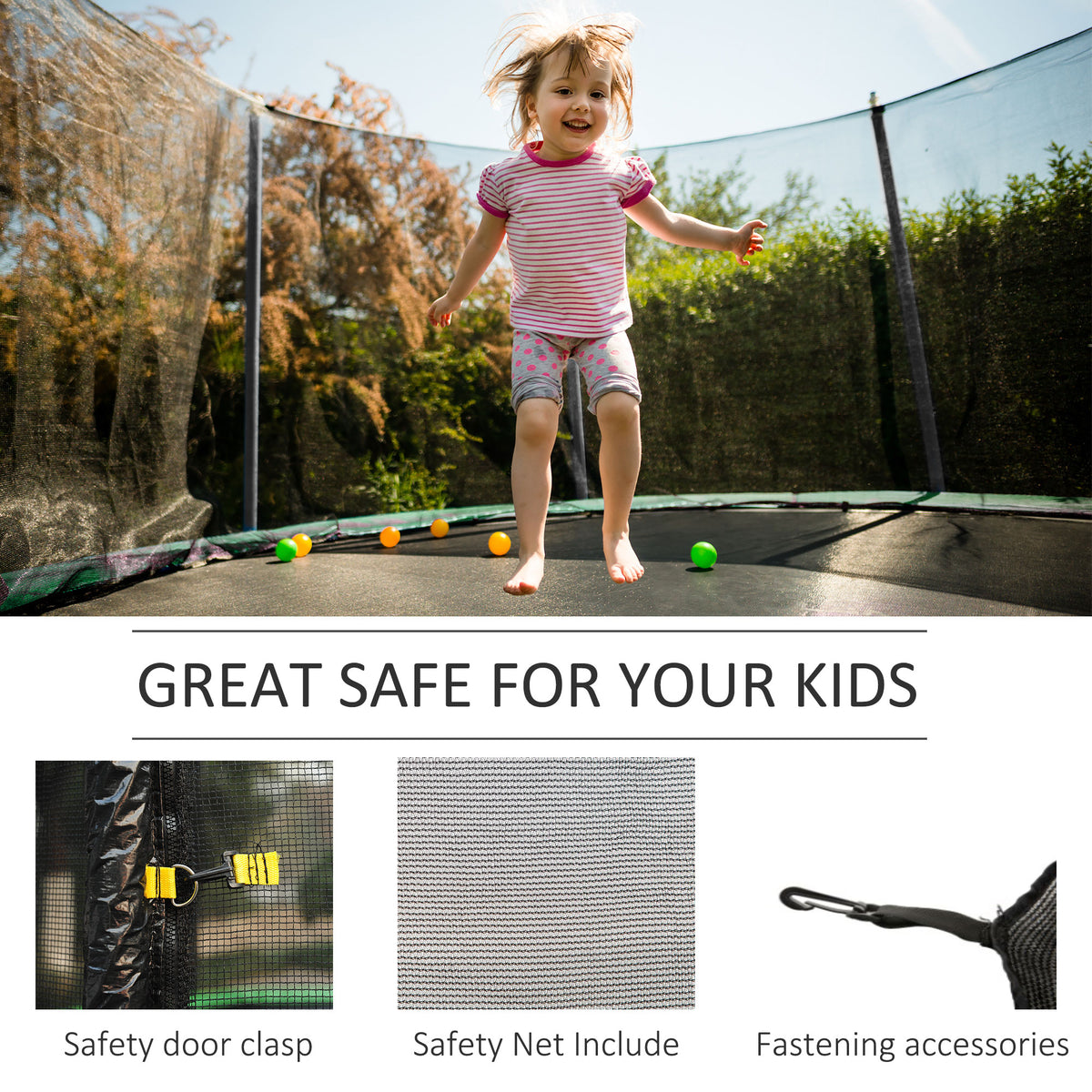 Trampoline enclosure net with zippered safety entry and fastening accessories