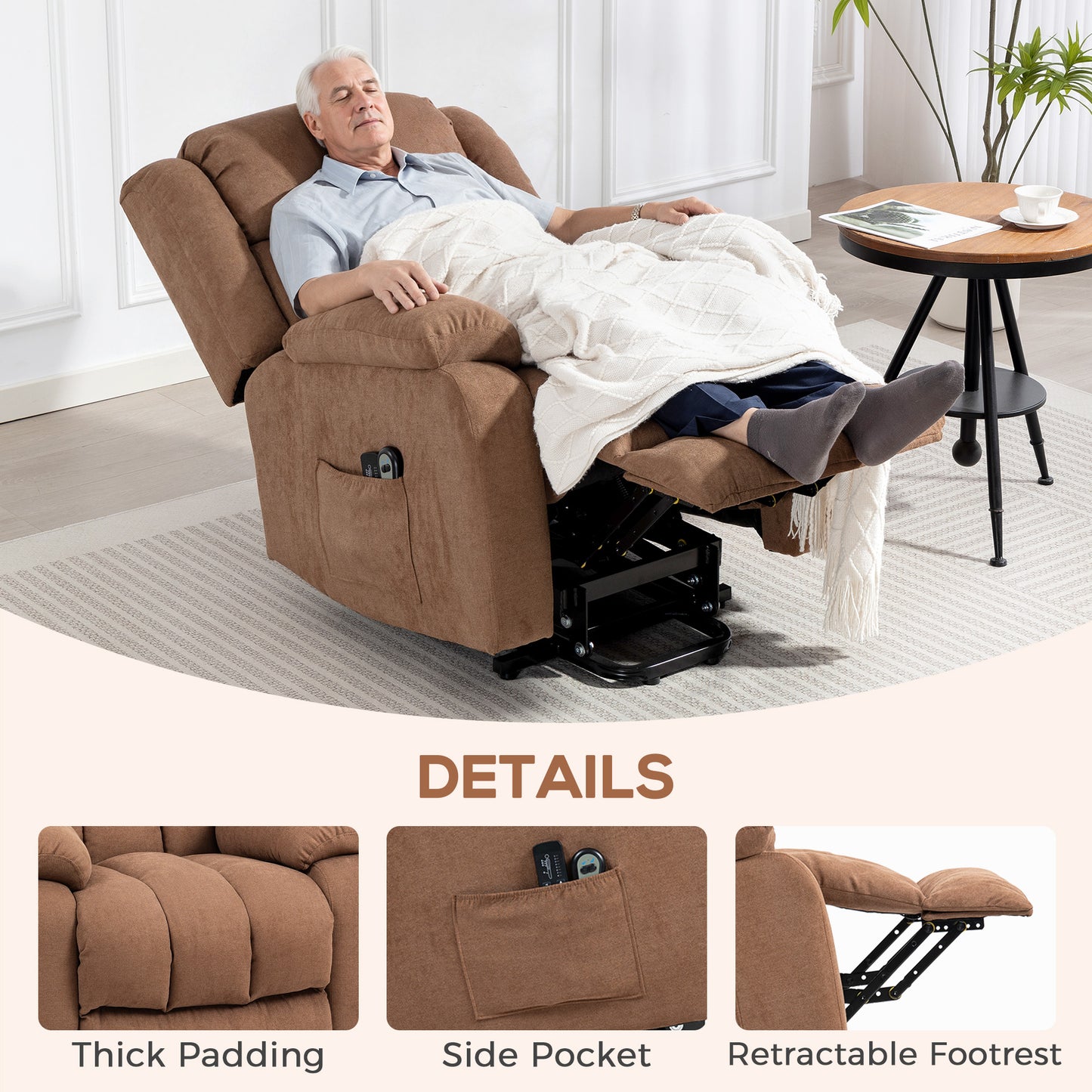 HOMCOM Power Lift Recliner Chair with Vibration Massage, Lift Chair for Elderly with Footrest, Remote, Side Pocket, Brown