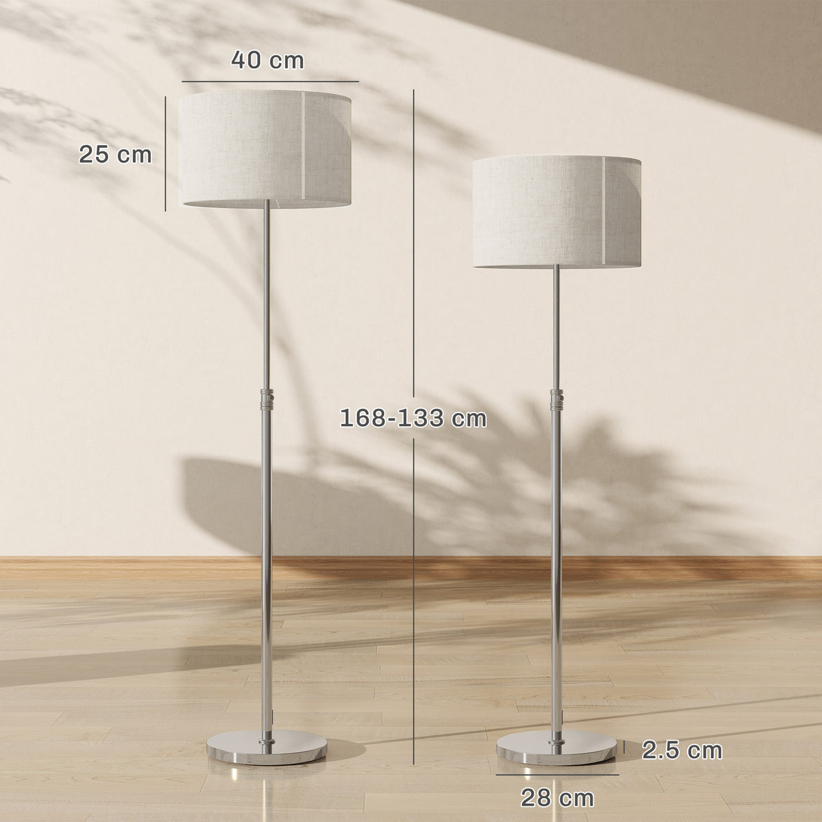 HOMCOM Floor Lamp with Remote, Height Adjustable Standing Lamp with Linen Shade, Dimmable with 3000K-6000K Adjustable Colour Temperatures, Foot Switch for Living Room Bedroom Office, Silver Tone