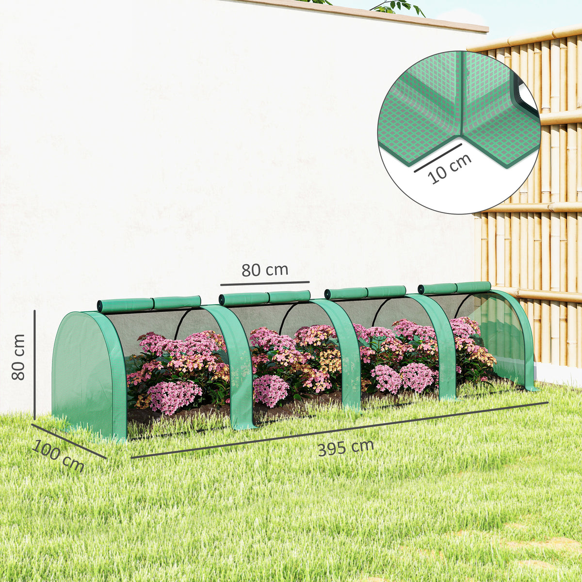 Green low tunnel greenhouse with arched cover, 395 cm long and 100 cm wide