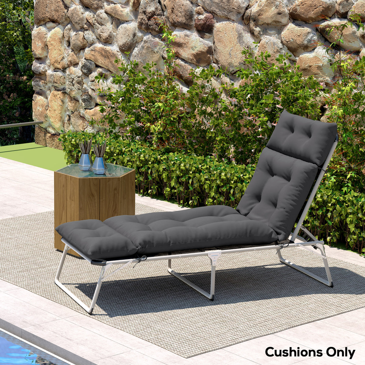 Outsunny Sun Lounger Cushion Only, 190 x 56 x 10 cm Garden Lounge Chair Cushion, UPF20+ 220gsm Fabric, Thick Sunbed Replacement Pad with 6 Ties, Dark Grey