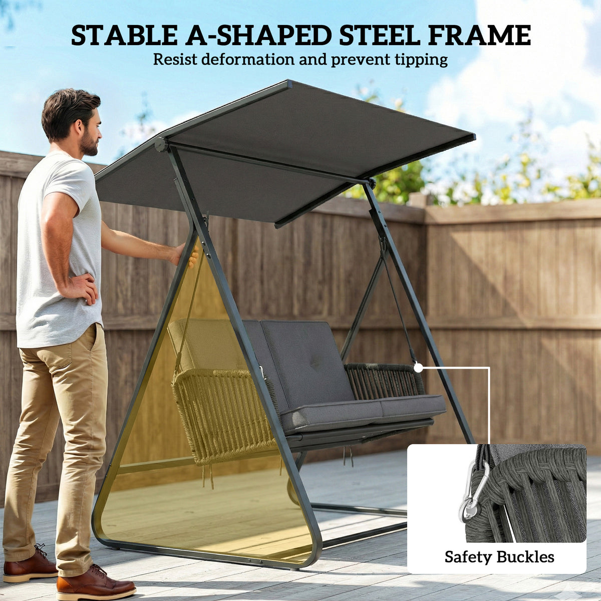 Outsunny 2-Seater Rattan Swing Chair, Outdoor Garden Hanging Swing Seat with Stand, Adjustable Canopy and Soft Cushions