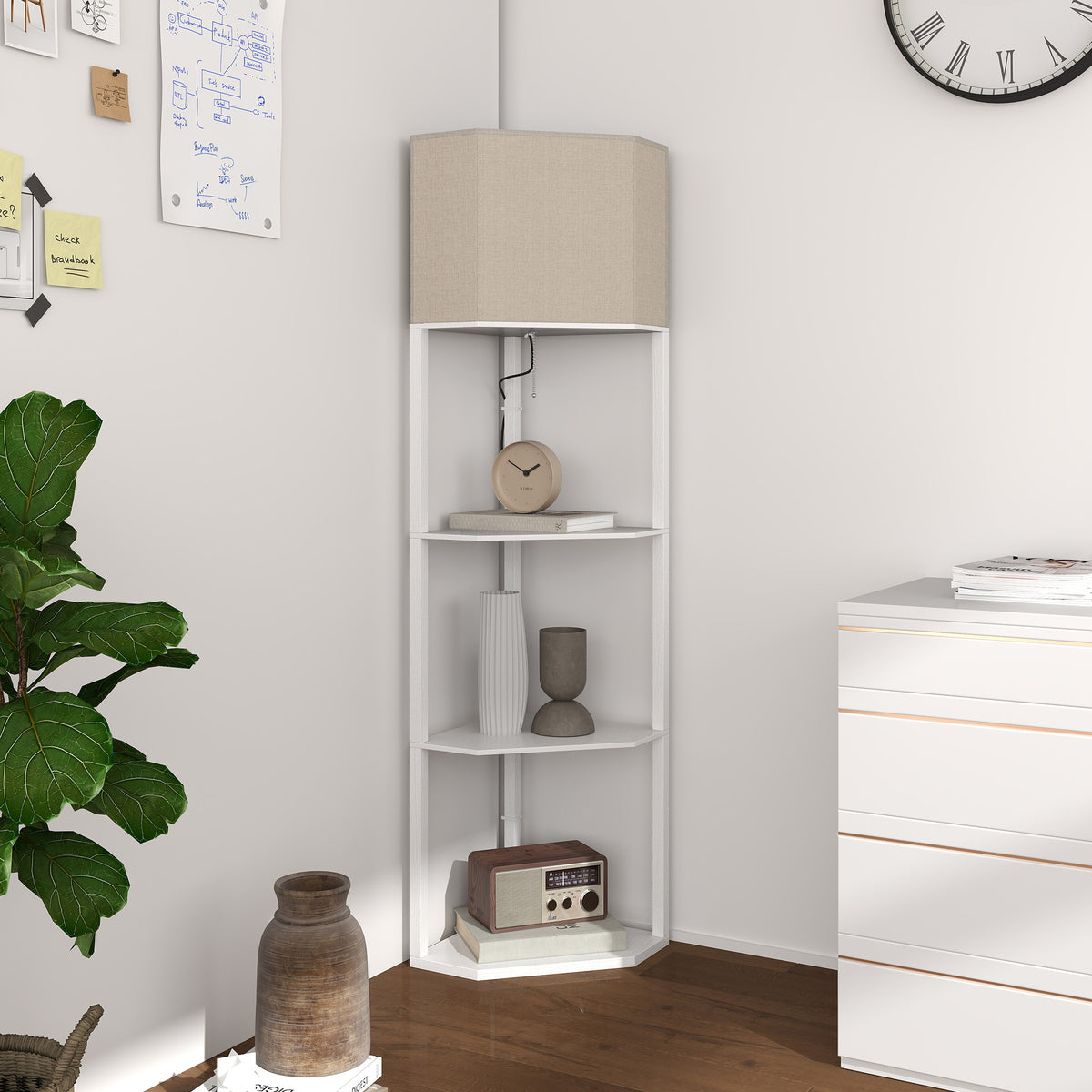 HOMCOM Corner Floor Lamp with Shelves, Tall Standing Lamps for Living Room, with Pull Chain Switch Bulb not Included, White