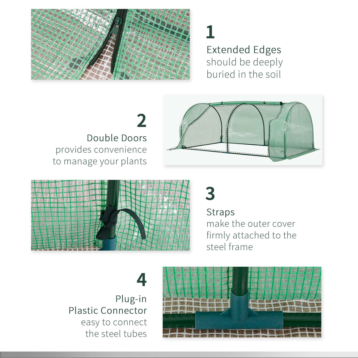 Green tunnel greenhouse features include buried edges, double doors, cover straps and tube connectors
