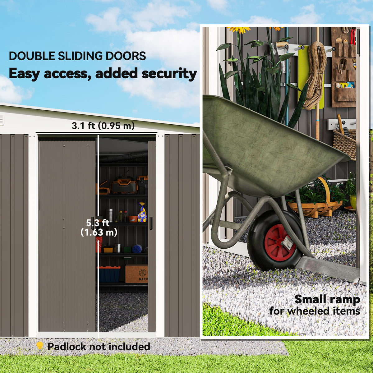 Garden shed with double sliding doors and a low ramp for wheeled items