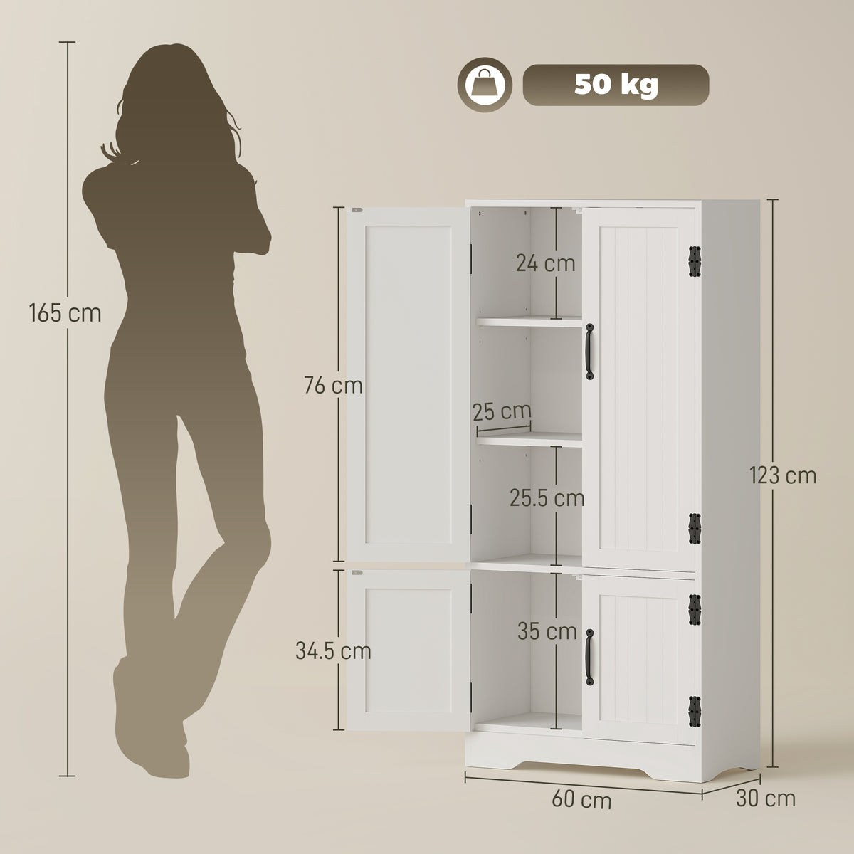 White storage cabinet with interior shelves, shown with dimensions and a 50 kg capacity.