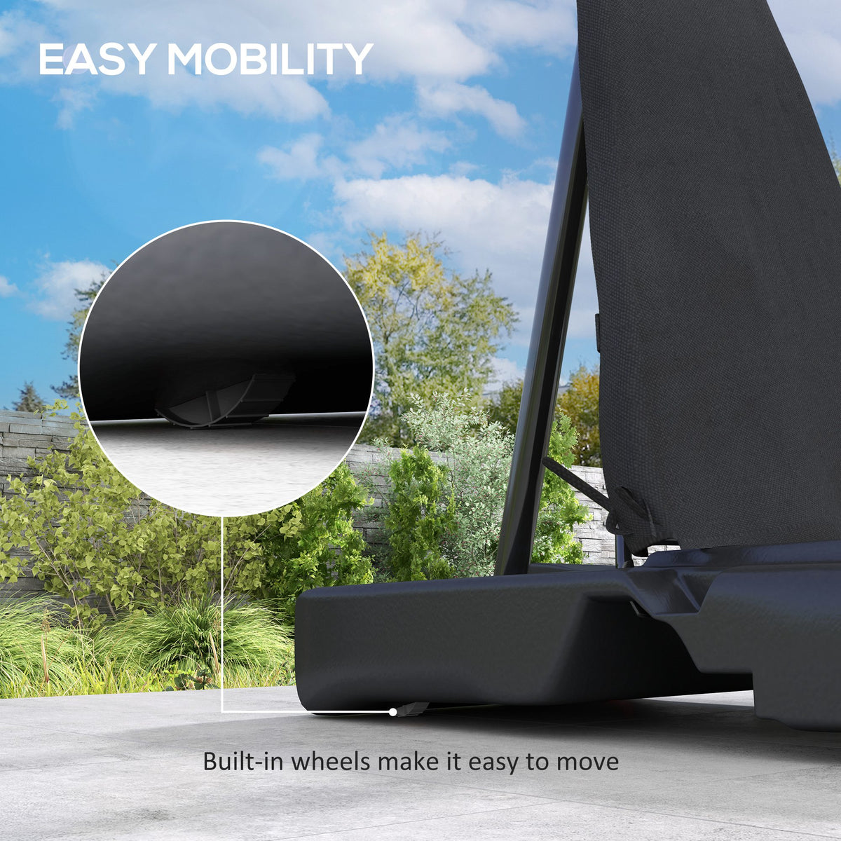 Basketball hoop wheeled base with a close-up of the built-in wheels