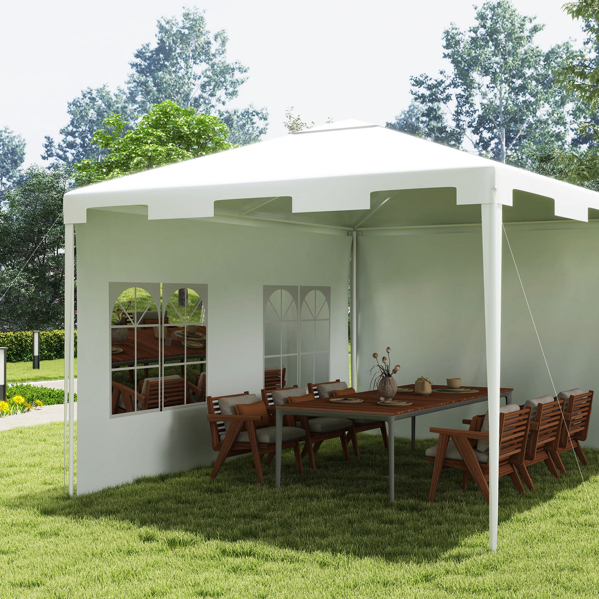 White garden gazebo with two windowed sidewalls sheltering an outdoor dining set
