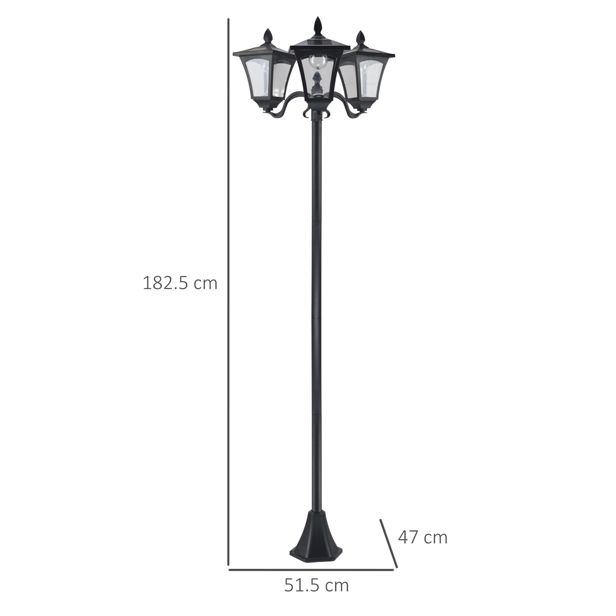 Black three-head solar garden lamp with 182.5 cm post; base measures 51.5 by 47 cm