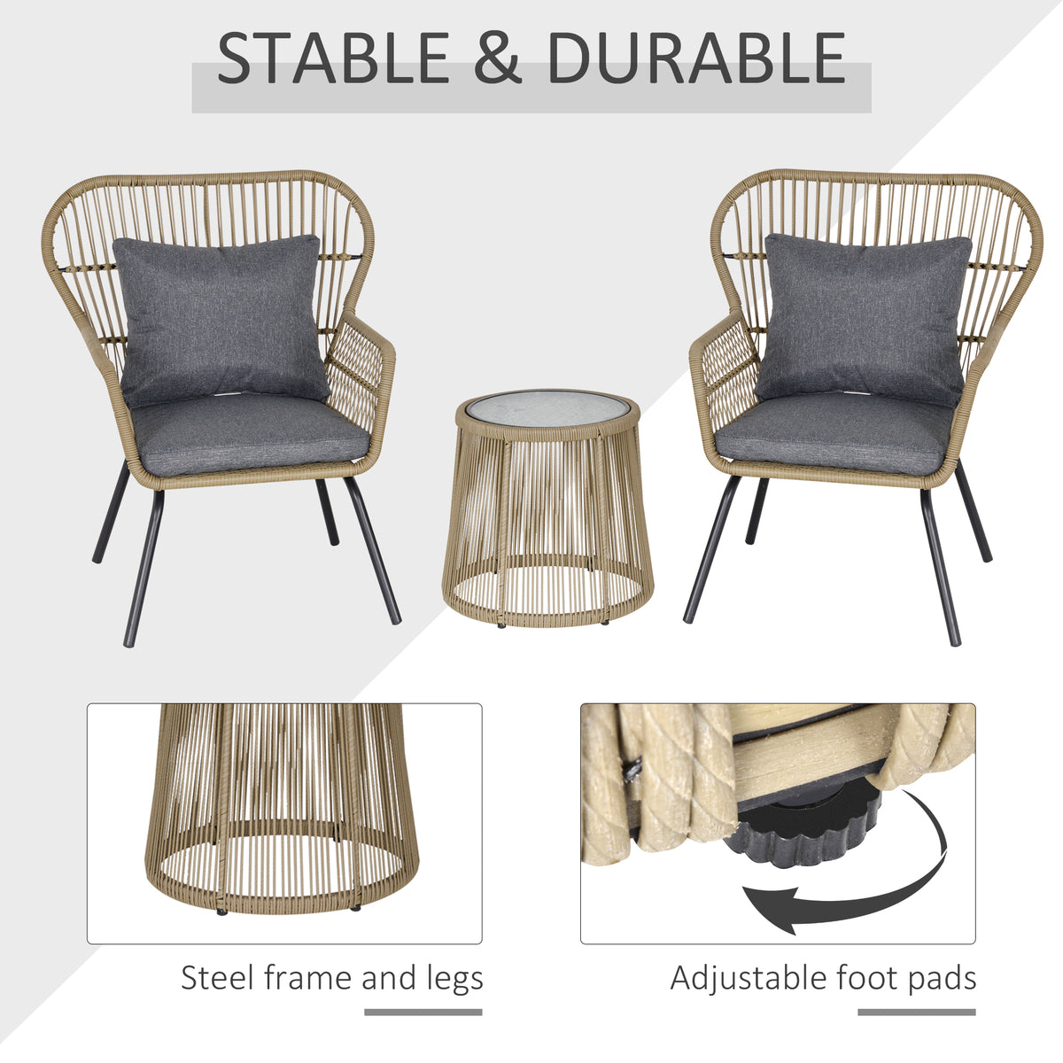 Outsunny 3 Pieces Rattan Bistro Set, Wicker Garden Furniture Set with Cushions, Glass Top Coffee Table and Chairs for Outdoor, Small Garden, Patio, Brown