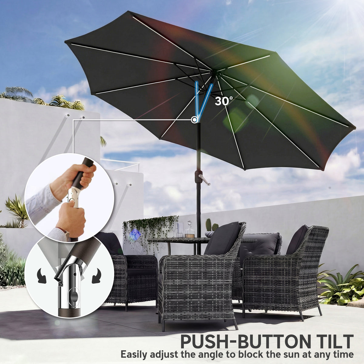 Outsunny 3 m Garden Parasol Umbrella with 112 Solar Powered LED Lights, Patio Umbrella with Crank Handle, Black