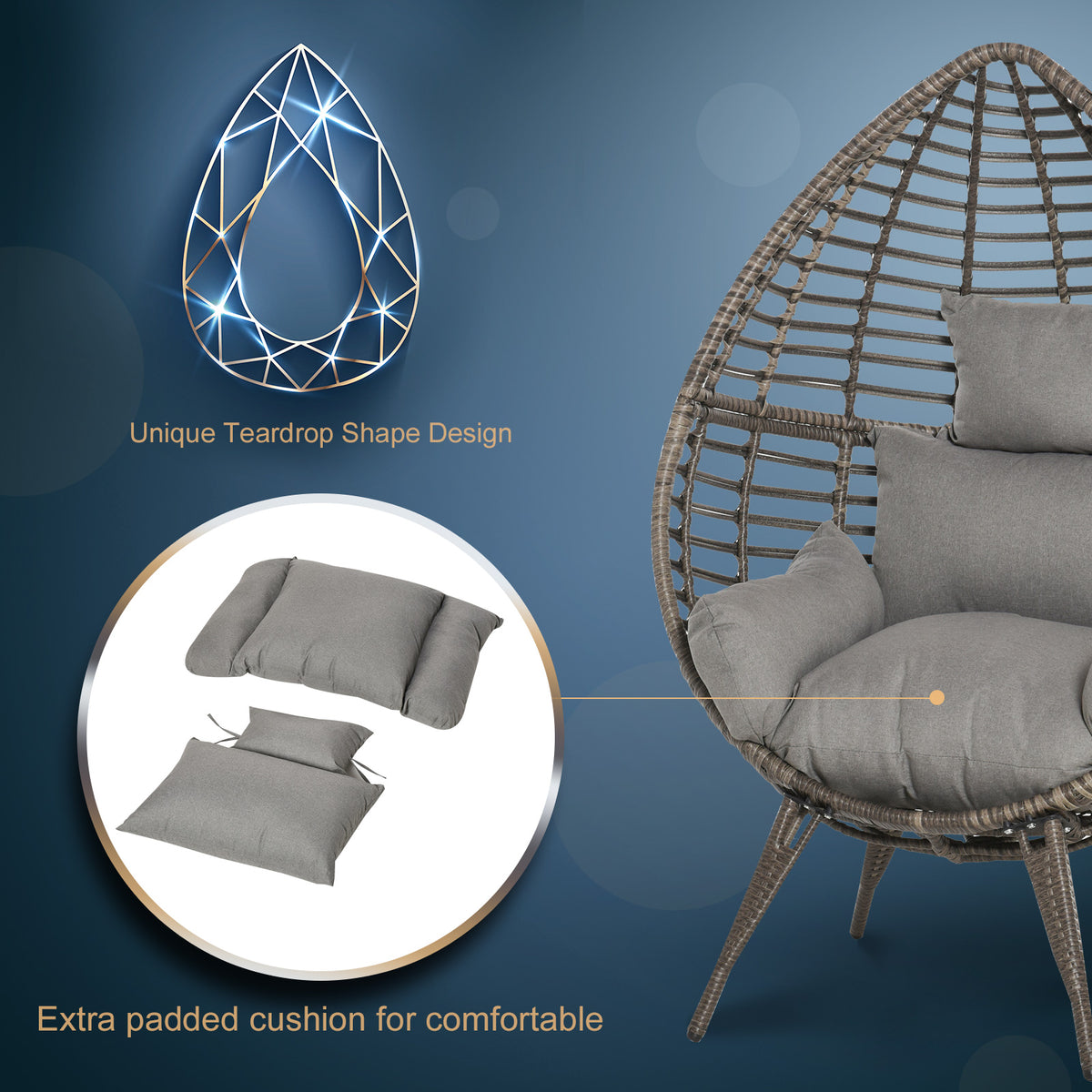 Teardrop wicker chair with thick cushions and removable padded cushion pieces