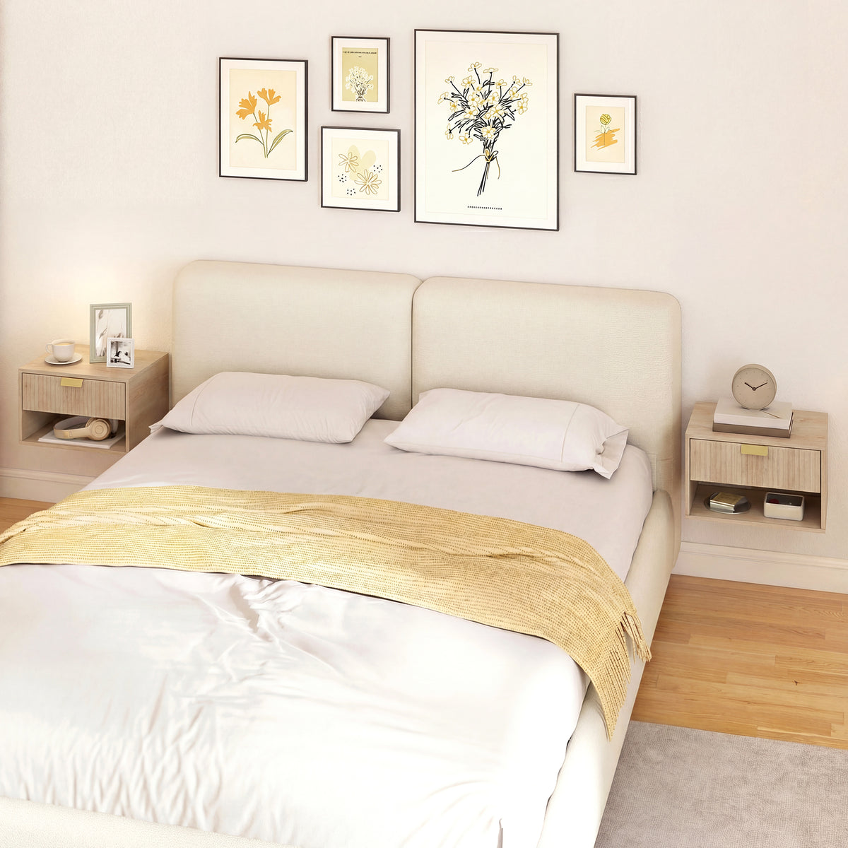 HOMCOM Set of 2 Wall Mounted Nightstands, Floating Bedside Tables with Fluted Drawer and Open Shelf for Small Bedroom, Oak