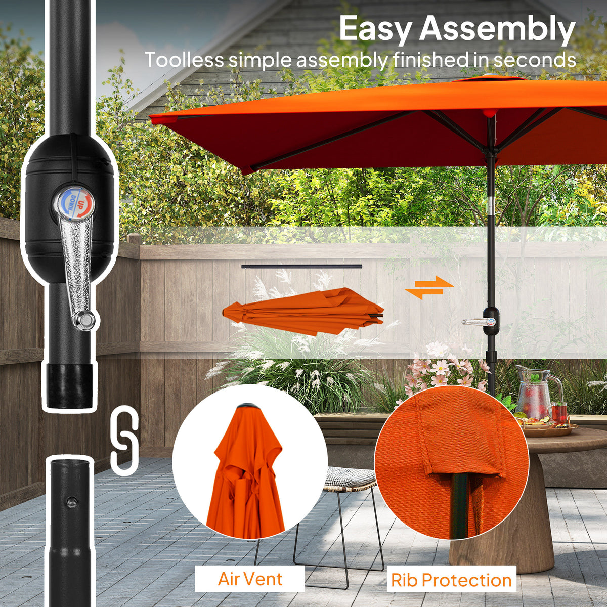 Orange garden parasol with crank, air vent and rib protection details