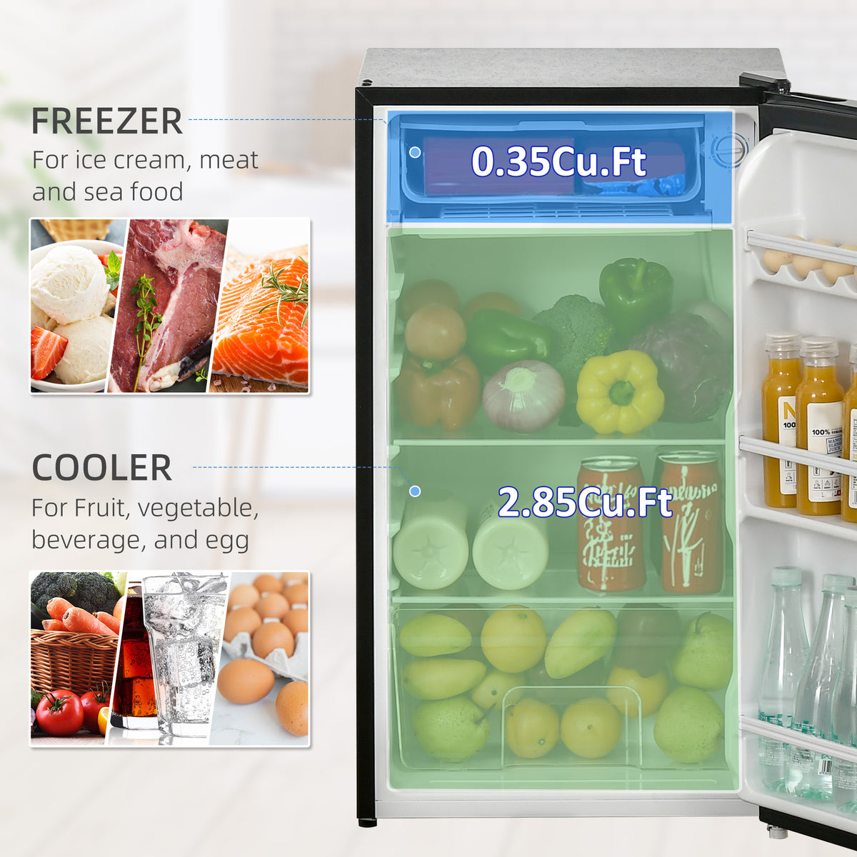 HOMCOM mini refrigerator interior with a top chiller box, shelves and produce compartments.